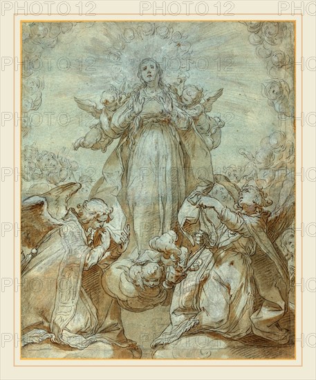 Abraham Bloemaert, Dutch (1564-1651), The Virgin in Glory, pen and brown ink with brown wash heightened with white over black chalk on blue paper