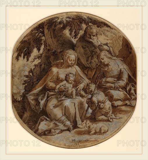 Hendrik Goltzius, Dutch (1558-1617), The Holy Family with Saint Elizabeth and Saint John the Baptist, 1595, pen and brown ink, brown wash, and white heightening on brown laid paper; incised for transfer;  laid down