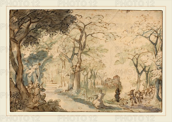 David Vinckboons, Dutch (1576-c. 1632), Landscape with Elisha Mocked, c. 1610, pen and brown ink with green, blue, brown, and pink wash over black chalk on laid paper