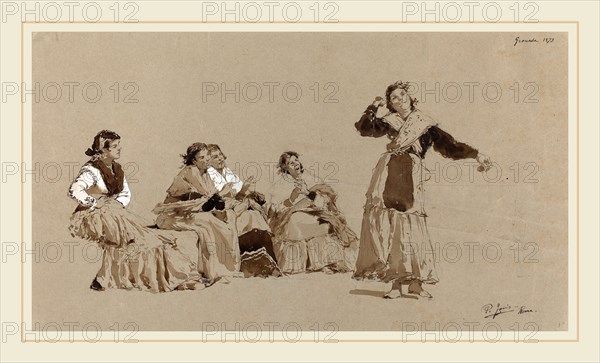 Pio Joris, Italian (1843-1921), Spanish Dancers, 1873, pen and brown ink with brown wash and white heightening over graphite