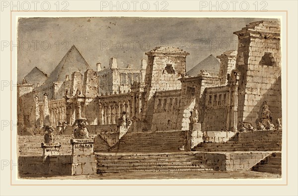 Pietro Gonzaga, Italian (1751-1831), An Egyptian Stage Design, c. 1815, pen and brown ink with gray and brown wash on laid paper