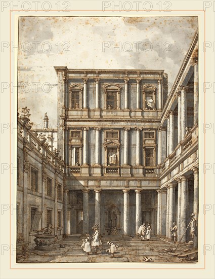 Canaletto, Italian (1697-1768), A Venetian Courtyard, in the Procuratie Nuove, c. 1760, pen and brown ink with gray wash on laid paper