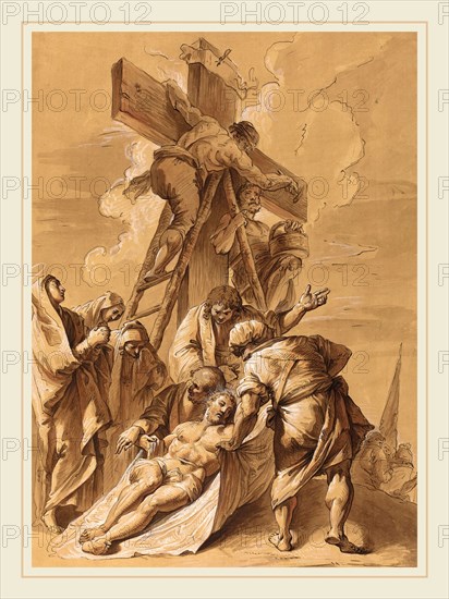 Follower of Francesco Fontebasso, The Deposition, 18th century, pen and brown ink, brush and brown ink, and brown wash, heightened with white, on prepared laid paper