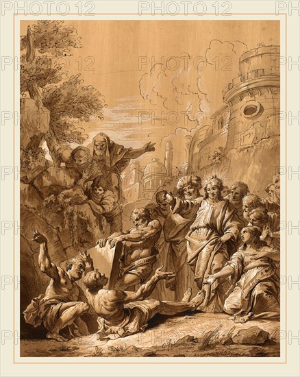 Follower of Francesco Fontebasso, The Raising of Lazarus, 18th century, pen and brown ink, brush and brown ink, and brown wash, heightened with white, on prepared laid paper