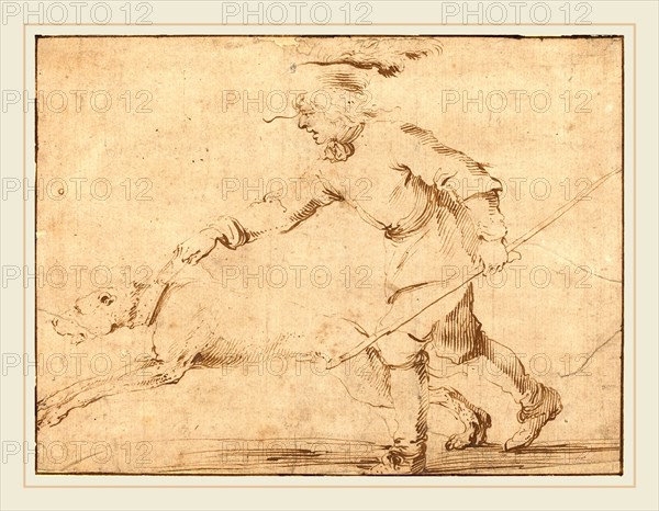 Stefano Della Bella, Italian (1610-1664), Huntsman with a Hound on a Leash, pen and brown ink on laid paper, mounted on old album sheet