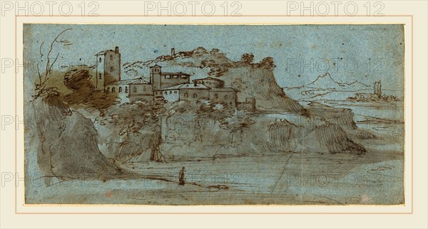 Master of the Blue Landscapes, Italian (active 1650), Village atop a River Cliff [recto], pen and brown ink and wash over traces of black chalk on blue laid paper