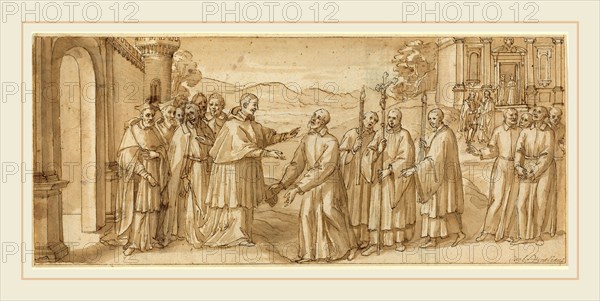 Italian 17th Century, The Meeting of San Carlo Borromeo and San Filippo Neri, c. 1600, pen and brown ink with brown wash on laid paper