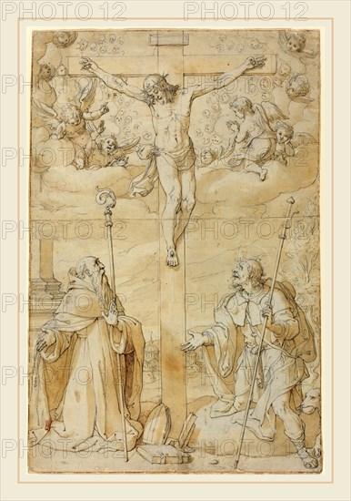Filippo Bellini, Italian (1550-1555-1604), The Crucifixion with Saints Roch and Augustine, pen and brown ink with brown wash heightened with white over black chalk on laid paper backed with fabric
