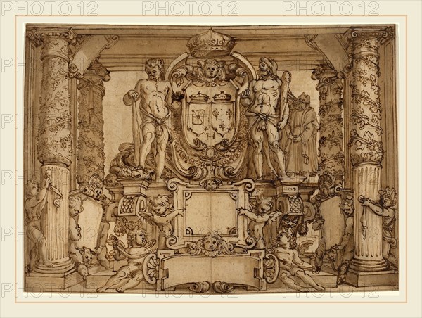 Antonio Tempesta or Agostino Ciampelli, Italian (1555-1630), An Architectural Wall Design in Honor of Henry IV, the Gallic Hercules, c. 1600, pen and brown ink with brown wash over graphite on laid paper
