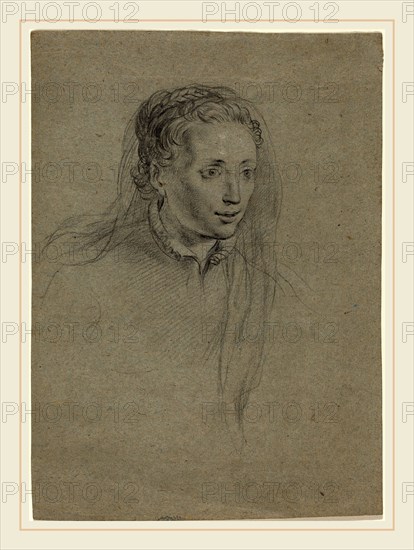 Ottavio Leoni, Italian (c. 1578-1630), Young Woman with Braided Hair and a Veil, c. 1610, black chalk heightened with white on blue paper