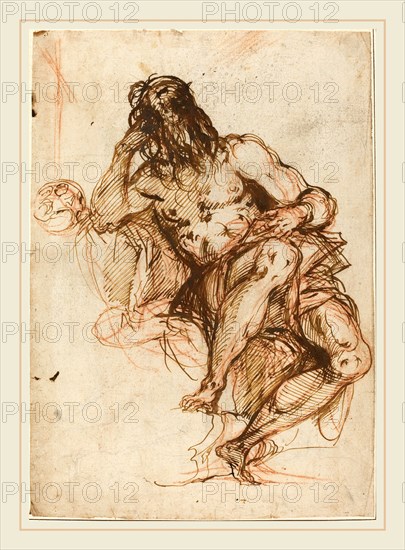 Alessandro Maganza, Italian (1556-1640), Saint Jerome, pen and reed pen with brown ink over red chalk on laid paper; laid down