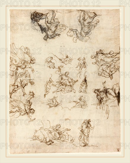 Alessandro Maganza, Italian (1556-1640), A Compartmented Ceiling with Allegories and Myths, 1590-1600, pen and brown ink over black chalk on laid paper