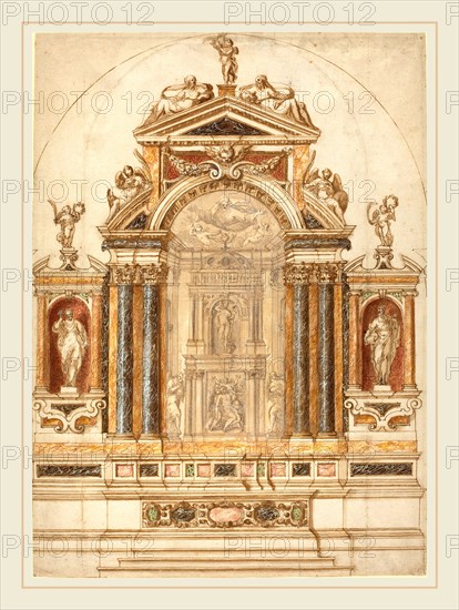 Italian 17th Century, An Elaborate Altar of Colored Marble Ornamented with Sculptures, 1600s, pen and brown ink with brown, red, and ochre washes and gouache on laid paper