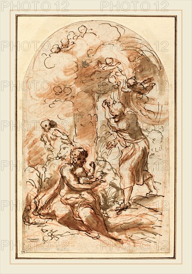 Correggio, Italian (1489-1494-1534), Study for the "Madonna della Scodella" [recto], 1523-1524, pen and brown ink, brown wash, and red chalk on laid paper