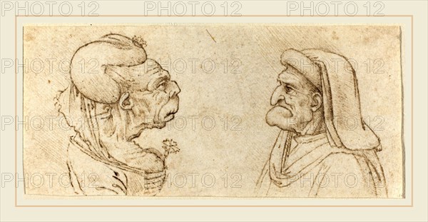 Francesco Melzi after Leonardo da Vinci, Italian (1493-c. 1570), Two Grotesque Heads, pen and brown ink