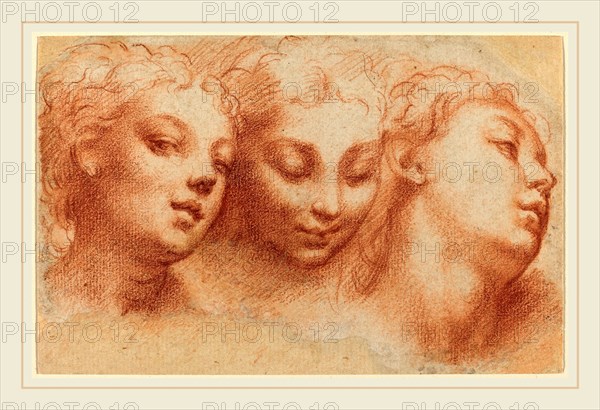 Parmigianino, Italian (1503-1540), Three Feminine Heads, c. 1522-1524, red chalk on laid paper; laid down