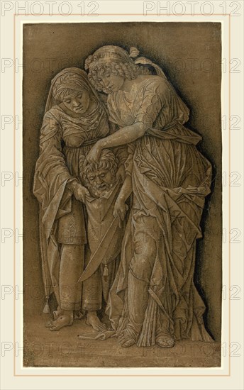 Follower of Andrea Mantegna, Judith with the Head of Holofernes, c. 1480, pen and dark brown ink with black chalk and white heightening on olive-brown prepared paper laid down on canvas