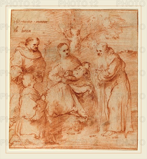Girolamo Romanino, Italian (1484-1487),c. 1560, The Madonna and Child with Saint Anthony Abbot and Saint Francis Introducing a Patron, c. 1517, red chalk (wetted for counterproofing) on laid paper; laid down