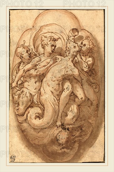 Taddeo Zuccaro, Italian (1529-1566), Mythological Figures, c. 1561, pen and brown ink and brown wash over red chalk, heightened with white, on laid paper; laid down