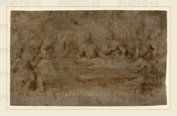 Italian 16th Century, The Last Supper, mid 16th century, pen and brown ink with brown wash and white heightening squared in black chalk on laid paper