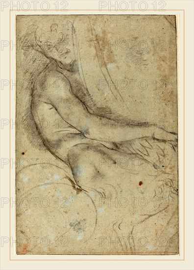 Annibale Carracci, Italian (1560-1609), Satyr Holding a Roundel, 1597-1600, black chalk on gray-blue paper