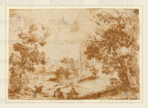 Agostino Carracci, Italian (1557-1602), Landscape with Two Washerwomen, 1580s, pen and brown ink on laid paper