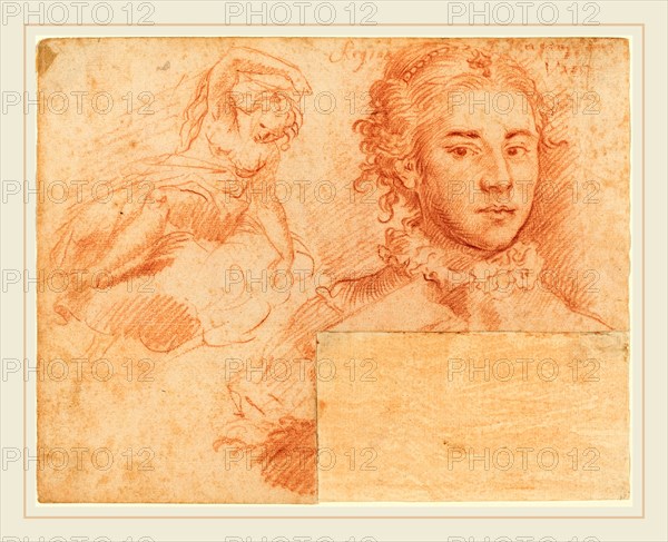 Simone Cantarini, Italian (1612-1648), Two Studies of Women, red chalk on laid paper