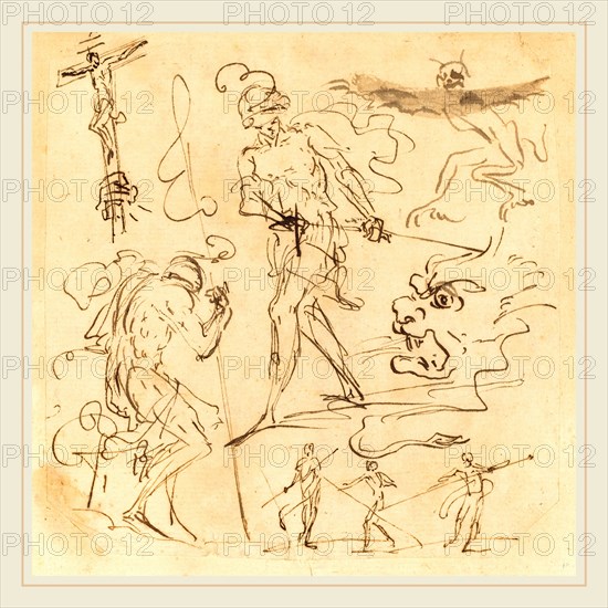 Pier Francesco Mola, Italian (1612-1666), Sheet of Studies with a Soldier Drawing a Sword, a Crucifix, Monstrous Animals, and Other Figures, pen and brown ink on laid paper