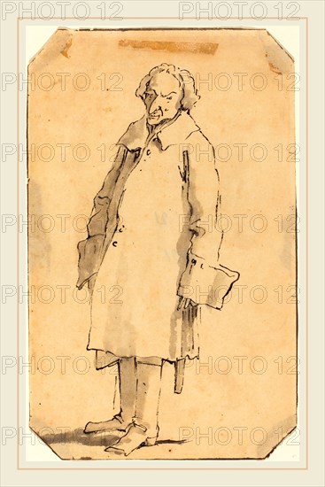 Giovanni Battista Tiepolo, Italian (1696-1770), A Standing Man Wearing a Great Coat and Boots, pen and black ink with gray wash on laid paper
