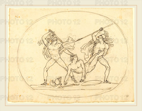 Bartolomeo Pinelli, Italian (1781-1835), Two Classical Warriors Fighting over a Dead Comrade, graphite on laid paper