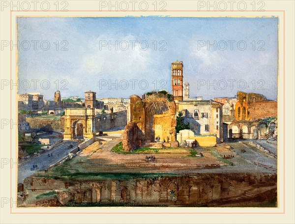 Ippolito Caffi, Italian (1809-1866), The Arch of Titus and the Temple of Venus and Rome near the Roman Forum, watercolor and gouache over graphite on wove paper