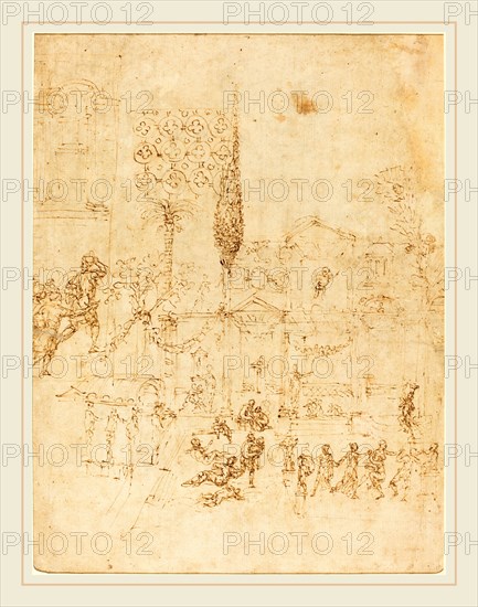 Pirro Ligorio, Italian (c. 1513-1583), A Party in a Roman Villa [recto], pen and brown ink on laid paper