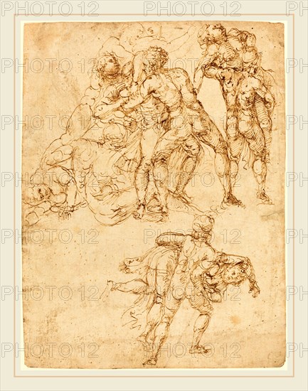 Pirro Ligorio, Italian (c. 1513-1583), Studies for the Rape of the Sabine Women [verso], pen and brown ink on laid paper
