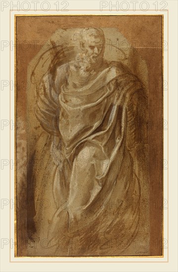 Girolamo Muziano, Italian (1528 or 1532-1592), A Standing Man in Classical Drapery, 1544-1549, brown wash with white heightening over black  chalk on green-blue paper laid on brown washed paper