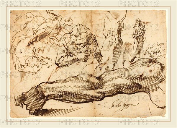Bartolomeo Passarotti, Italian (1529-1592), Studies of a Left Arm, a Young Woman, a Madonna and Child, a Face in Profile, and Nude Figures, pen and iron gall ink on laid paper
