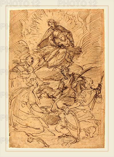 Giovanni Battista Paggi, Italian (1554-1627), The Madonna and Child in Glory Adored by Saints, pen and brown ink over black chalk, on buff laid paper