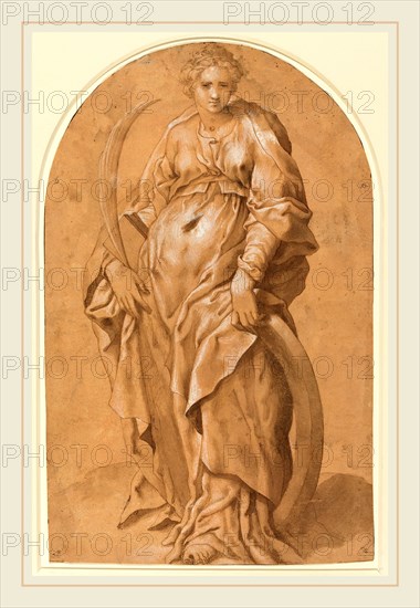 Marco Pino, Italian (c. 1520-1579 or after), Saint Catherine of Alexandria, pen and brown ink with brown wash,  heightened with white, on paper washed salmon