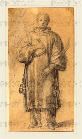 Spanish 17th Century, A Standing Saint with Book and Palm, black chalk heightened with white chalk over graphite laid down on wove paper