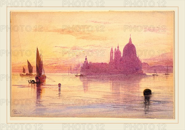 Edward Lear, British (1812-1888), Venetian Fantasy with Santa Maria della Salute and the Dogana on an Island, watercolor and gouache over graphite on wove paper