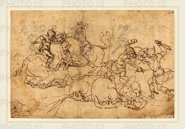 Luca Cambiaso, Italian (1527-1585), Soldiers Fighting, pen and brown ink over black chalk on laid paper