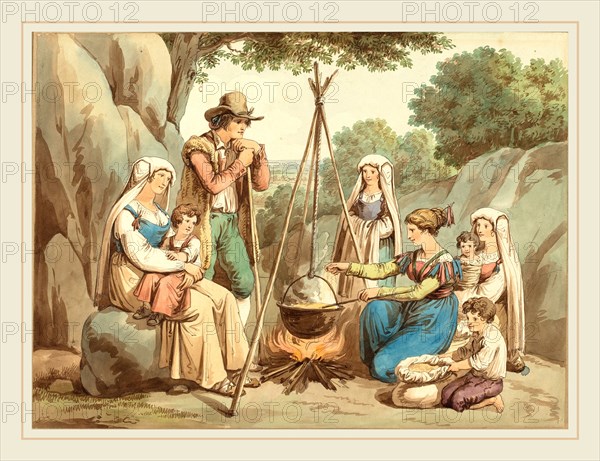 Bartolomeo Pinelli, Italian (1781-1835), A Peasant Family Cooking over a Campfire, watercolor over graphite on wove paper