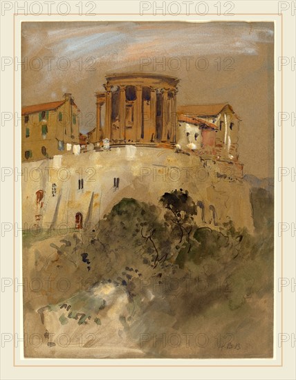 Hercules Brabazon Brabazon, Temple of Vesta at Tivoli, British, 1821-1906, watercolor heightened with white gouache over graphite on brown wove paper