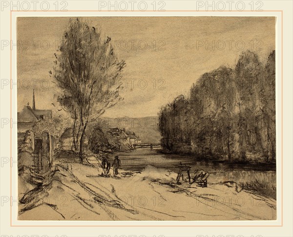 French 19th Century, A Landscape with a River, charcoal with stumping on laid paper