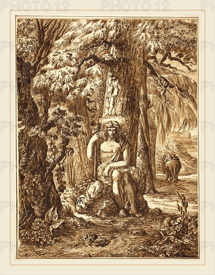 Felice Albides (Spanish or Italian, 18th century), Saint John the Baptist in the Wilderness, pen and brown ink on wove paper attached to album page