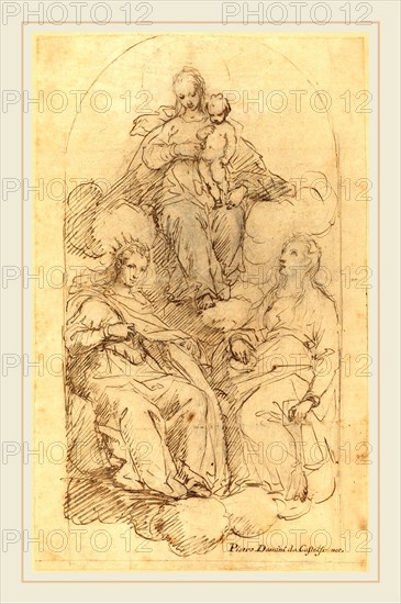 Pietro Damini, Italian (1592-1631), The Virgin and Child Adored by Saint Catherine and Another Female Saint, pen and brown ink over traces of black chalk on laid paper