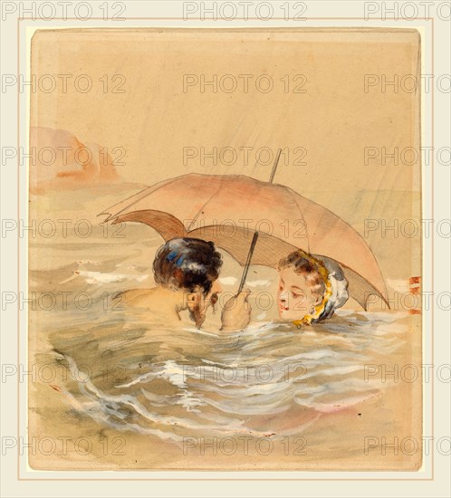 Alfred Grévin, French (1827-1892), Male and Female Bathers with Umbrella, watercolor and gouache over graphite on heavy wove paper