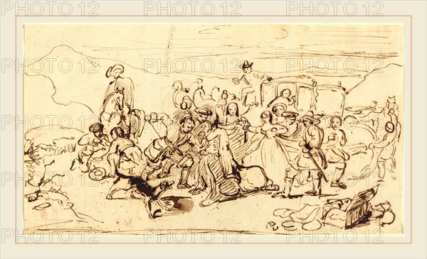 Sir David Wilke (Scottish, 1785-1841), A Stage Coach Robbery, c. 1820, pen and brown ink with brown wash over graphite on laid paper