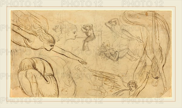 Thomas Stothard, British (1755-1834), Sheet of Studies with Angels and Cowering Figures, pen and brown ink and graphite with gray wash on laid paper