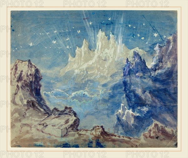 Robert Caney, British (1847-1911), Fantastic Mountainous Landscape with a Starry Sky, watercolor and gouache with white heightening, touches of blue pastel, on wove paper