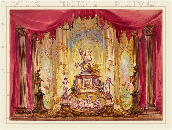 Robert Caney, British (1847-1911), Stage Set With Statue Of St. George Slaying The Dragon, watercolor and gouache with pen and black ink, heightened with white, over graphite on wove paper